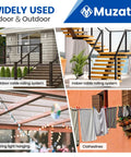Collage showing outdoor and indoor cable railing systems, string lighting, and clotheslines; features 1000 Ft 1 Eighth Inch Dope Black Stainless Steel Cable Railing Kit For Indoor And Outdoor Use, 7x7 Wire Rope, T316 Stainless, 1800 Lb Breaking Strength, Hardware Included, Sleek Modern Black Rail System.