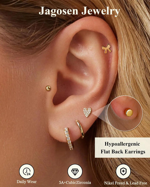 Sleep Friendly All Day Comfort Flat Back Earrings Set For Women With Hypoallergenic 14K Gold Plated Finish 20G studs on ear