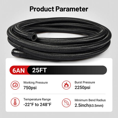 6AN Nylon Braided Fuel Line Kit with 25ft Black Hose showing product parameters and specifications