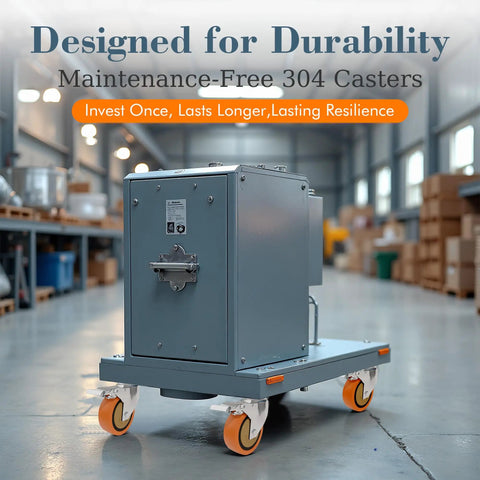 3 Inch 304 Stainless Steel Caster Wheels Set Of 2 With Swivel Brake Rust Resistant Heavy Duty Industrial Casters on a cart in a warehouse.