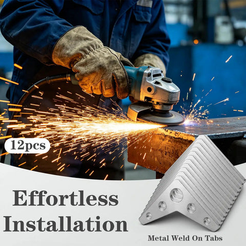 Person grinding metal with sparks, showcasing Heavy Duty Steel Weld On Triangle Gussets 12 Piece Kit for sturdy builds.