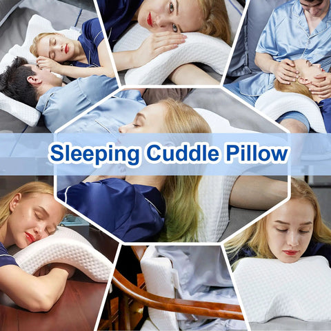 Collage of Couples Cuddle Pillow With Memory Foam Arched U Shaped Arm Hole For Travel Rest Office And Bed usage scenarios.