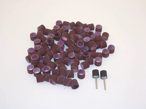 100 Piece 1/2 Inch Sand Drum Grit 60 Coarse With Two 1/8 Inch Mandrels For Dremel Rotary Tools displayed on white surface