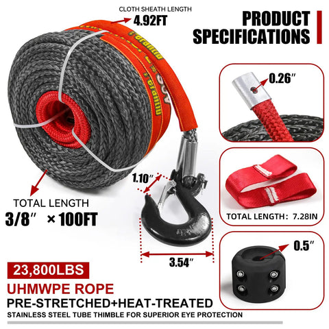 Premium Synthetic Winch Rope Three Eighths Inch By One Hundred Feet, 23800 Lbs Break Strength, Waterproof And UV Resistant