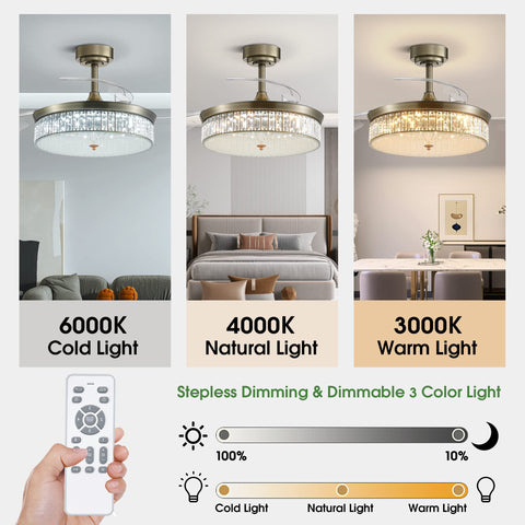 42 Inch Dimmable Fandelier Ceiling Fan With Light And Remote Control showing 6000K, 4000K, 3000K color modes in living room