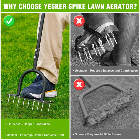 Manual Lawn Aerator Spike Tool With Nine Two Point Two Inch Iron Spikes for deep aeration; comparison with other tools shown