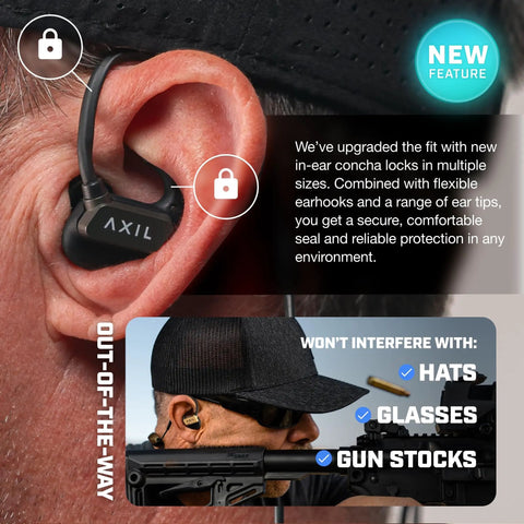 Close-up of GS Extreme 3.0 Shooting Ear Protection Earbuds With SonicShieldX Noise Cancellation and 5x Hearing Boost in ear.