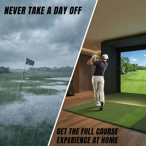 Golfer using Extra Large 6 By 4 Foot Golf Practice Mat With Thick Base For Indoor And Outdoor Use Premium Tri Turf Hitting Mat