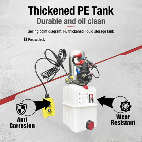 Electric Hydraulic Power Unit Double Acting 6 Quart Pump With Plastic Oil Reservoir 12V DC 1.6 KW High Pressure 3200 PSI and SAE Connector with thickened PE tank design.