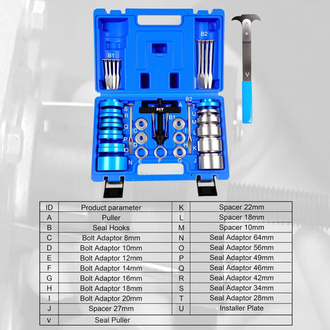 Crankshaft Seal Installer And Remover Kit 33 Pc Set with seal puller, adapters, in blue case for engine repair.
