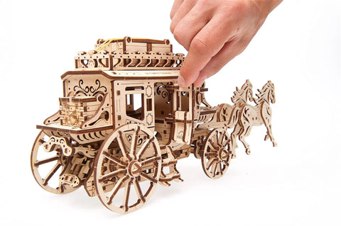 Stagecoach 3D Mechanical Model Kit, Wooden Brain Teaser And Puzzle For Adults And Teens, Wild West Carriage Build, Dope Detailed Wooden Puzzle For DIY Fun, Challenge And Display. wooden stagecoach model with horses and hand placing part