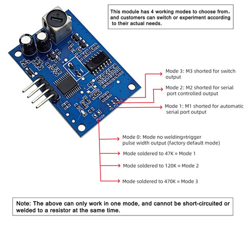 Two Pack JSN SR04T Ultrasonic Distance Sensor Module 23 To 500 Cm Waterproof Transducer For Arduino MCU High Precision 3mm Accuracy Integrated Sensor With Control Circuit Plug And Play, close-up of circuit board components and modes legend.