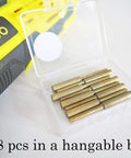 Titanium Coated Chainsaw Sharpener Bits Set in plastic box, 8 pcs, shown with electric saw handle.