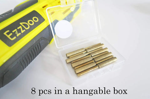 Titanium Coated Chainsaw Sharpener Bits Set in plastic box, 8 pcs, shown with electric saw handle.