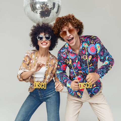 70s Disco Costume Set For Men With Vintage 60s Look Includes Shirt Afro Wig Gold Necklace Sunglasses And Hippie Style For Halloween Party Cosplay Outfit