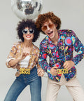 Two people in 70s Disco Costume Kit For Dudes With Vintage 60s Shirt Afro Wig Gold Necklace And Sunglasses. Size Large outfits under disco ball.