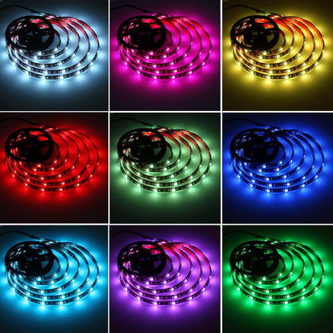 USB LED Strip Lights With 24 Keys Remote 5050 RGB Color Changing 6.56 Feet 2 Meters Flexible Cuttable And Linkable USB 5V Power Supply Easy DIY Ambiance Lighting For Bedroom Under Cabinet Party And More, displaying nine vibrant color options.