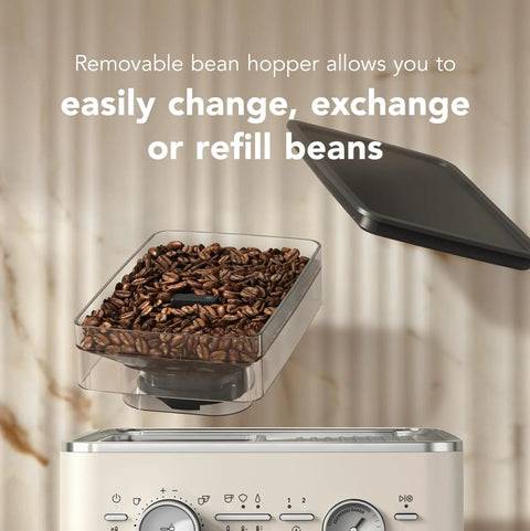 Semi Automatic Espresso Machine With Built In Burr Grinder And Smart Dosing Tech For Smooth One Or Two Shot Pulls Sturdy Metal Body In Porcelain White showing removable bean hopper with coffee beans.