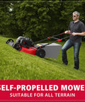 21 Inch Self Propelled Gas Lawn Mower With 140cc Briggs And Stratton Engine, 3 In 1 Mulch Bag Side Discharge, Six Cutting Heights, Durable Steel Deck, Rear Wheel Drive, ReadyStart For Easy Starts on a grassy slope