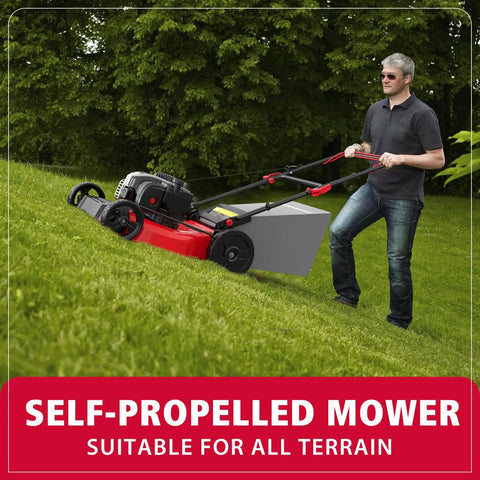 21 Inch Self Propelled Gas Lawn Mower With 140cc Briggs And Stratton Engine, 3 In 1 Mulch Bag Side Discharge, Six Cutting Heights, Durable Steel Deck, Rear Wheel Drive, ReadyStart For Easy Starts on a grassy slope