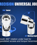 Image shows One Quarter Inch Drive Universal Joint Socket Set With Swivel And Wobble Sockets Nineteen Piece Metric and SAE flex sockets.