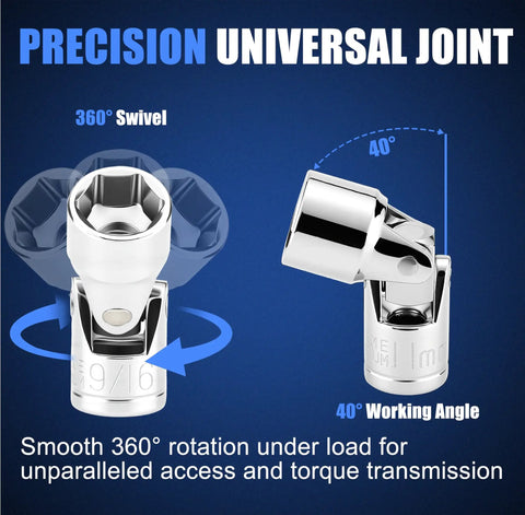 Image shows One Quarter Inch Drive Universal Joint Socket Set With Swivel And Wobble Sockets Nineteen Piece Metric and SAE flex sockets.