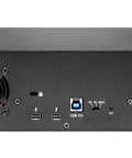 Back view of Blazing Fast Thunderbolt 2 Desktop External Hard Drive 16TB RAID with ports for connectivity and ventilation.