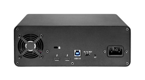 Back view of Blazing Fast Thunderbolt 2 Desktop External Hard Drive 16TB RAID with ports for connectivity and ventilation.
