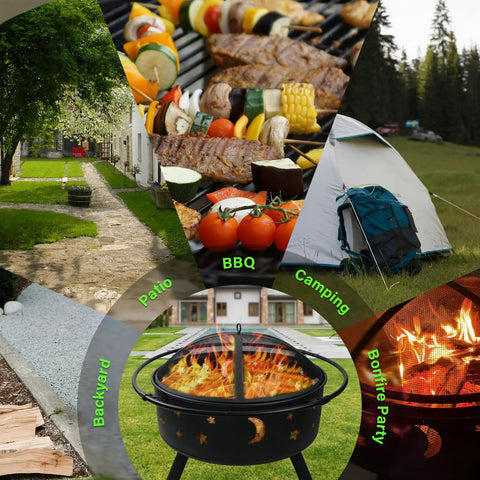 32 Inch 2 In 1 Outdoor Fire Pit Round Metal Firepit For Backyard Patio Garden Bonfires, Camping And BBQ with moon star design