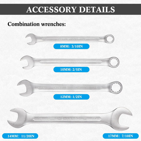 Motocross Tool Kit For Japanese Motorcycles 25 Piece Set with four chrome vanadium combination wrenches in various sizes