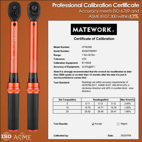 Quarter Inch Drive Torque Wrench Kit With 27 Piece Bike Tool Set Pro Grade Build High Precision 0.1Nm Double Scale 1-25Nm Range Includes Hex Torx Sockets 3/8 Adapter Extension Bar Universal Joint For Bicycle Maintenance alongside calibration certificate.
