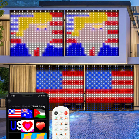 Smart Curtain Lights 400 LED Color Changing 6.6ft By 6.6ft With App And Remote Dynamic DIY Fairy String Lights on house exterior.