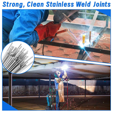 ER308L Stainless TIG Welding Rods Set for 304 Stainless Steel, 1 Sixteenth x 16 Inch Filler Rod, Low Carbon, 60 Pcs, Pro Grade, Heavy Duty, Corrosion Resistant GTAW Welding Wire for Kitchen Equipment, Handrails, Tubing. TIG welding stainless steel rod set shown in use