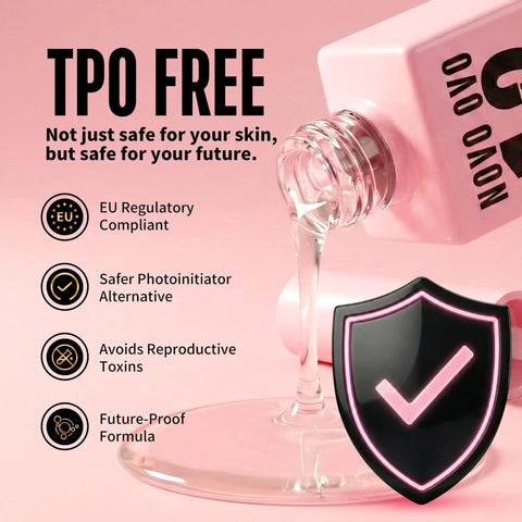 TPO Free 2 In 1 UV Nail Glue And Builder Gel For Tips And Acrylics, No Wipe Top Coat Kit with safety icons and pink shield