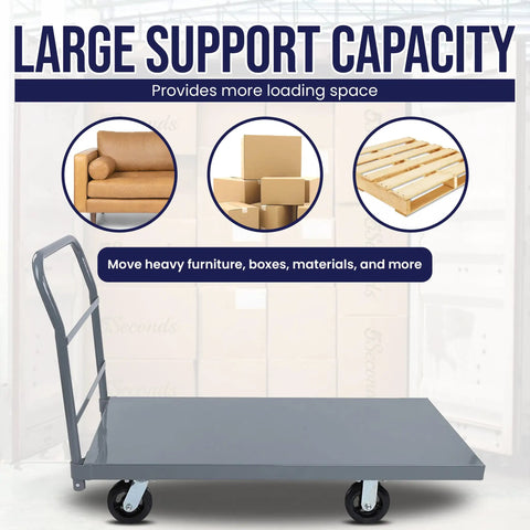 Beefy Heavy Duty Platform Dolly Cart 48 Inch By 24 Inch Flatbed With 2000 Lb Capacity shown with boxes and furniture illustrations