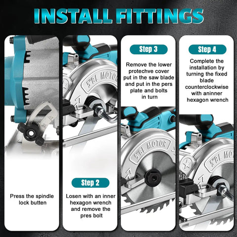 Installation steps for Badass 5 Inch Brushless Cordless Circular Saw detailing blade change process.