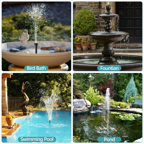 Solar Fountain Pump 12W With 160GPH Flow, submersible and adjustable, used in bird bath, fountain, swimming pool, and pond.