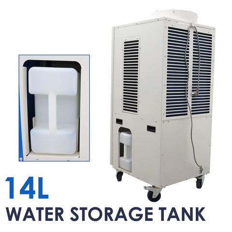 Heavy-Duty Industrial Spot Cooler With Rollin' Brake Wheels, Top-Shelf Commercial Air Conditioner For Warehouses And Factories, 20400 Btu, 220 Volt, Moves Anywhere, Shop Ready Cooling Beast water storage tank.