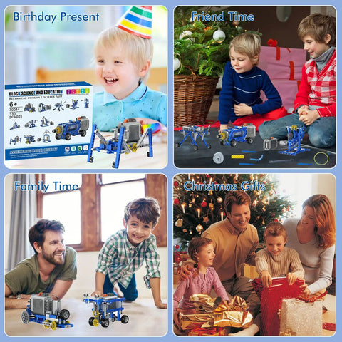 330 Piece 12 In 1 STEM Building Kit With Electric Power Motor For Kids Build Motorized Animals Cranes Race Cars Fans And More A Hands On Learning Toy That Sparks Imagination And Keeps Them Entertained For Hours Of Pure Fun. boys build blue motorized STEM models