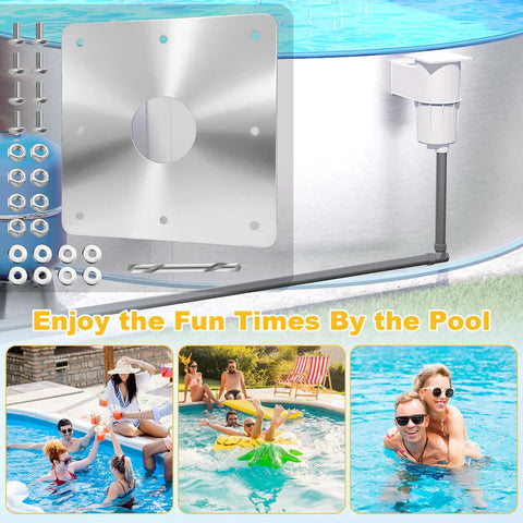 8x8 Inch Pool Water Return Repair Kit for Above Ground Pools with hardware, wall repair panel kit, and rust resistant fitting