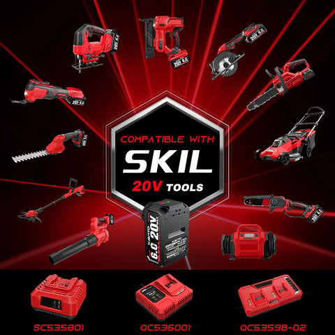 Upgraded 20V Replacement Battery For Skil Power Tools 6000 Mah Pack with various compatible Skil tools on display.