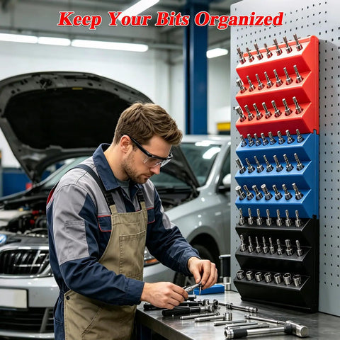 Mechanic using 1/4 Inch Hex Bit Organizer With 21 Hole Drill Bit Holder, 45 Degree Angled Interlocking Modular Storage