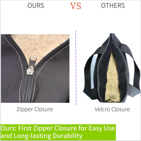 Comparison of zipper and Velcro closures on 140 LBS Zipper Top Sand Bags for Canopy Legs and Gazebo Tents.