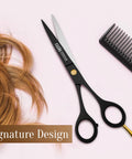 Pro Grade Hair Cutting Scissors 6.5 Inch Razor Edge Barber Shears Japanese stainless steel next to comb and hair locks.