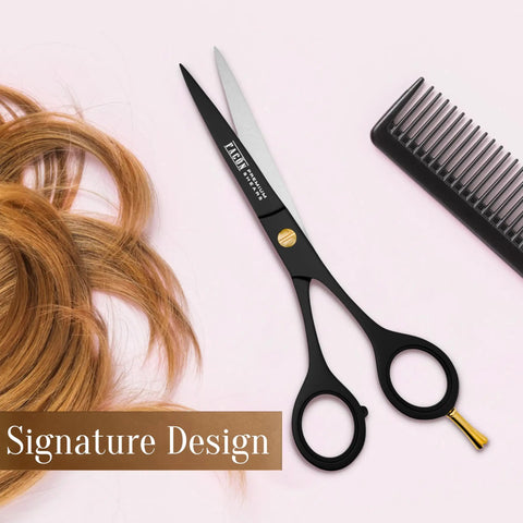 Pro Grade Hair Cutting Scissors 6.5 Inch Razor Edge Barber Shears Japanese stainless steel next to comb and hair locks.