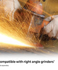 Cubitron II 982C Fibre Disc 36 Plus Grade Coated Ceramic in use with angle grinder, emitting sparks during metal finishing.