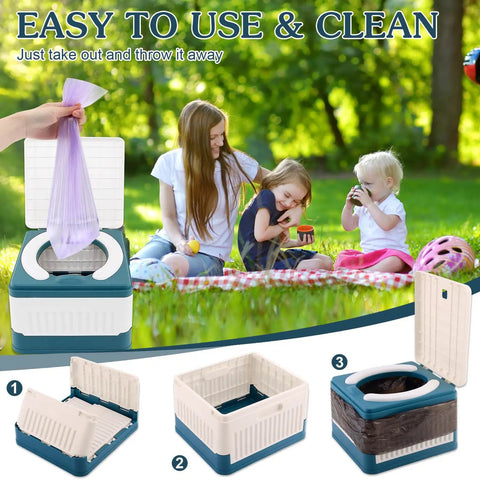 Foldable Portable Toddler Potty For Travel And Potty Training, Rock Solid Fold Away Seat With Comfy Non Slip Cushion, Road Trip Ready Emergency Mobile Commode For Kids Including Thirty Disposable Blue Bags