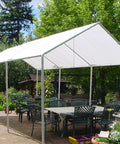 Outdoor setup with heavy duty 10x12 white tarp 10 mil poly with 14x14 cross weave, laminated on both sides covering table and chairs