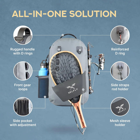 Waterproof Fishing Backpack With Rod Holder And Submersible Zipper Inflatable Valve Padded Waist Straps Gear Loops Net Sleeve Top Handle And Adjustable Attachments For Anglers On The Go with net and gear attached