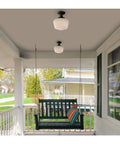 Vintage Style Outdoor Ceiling Light One Light Semi Flush Mount In Textured Black With White Opal Glass For Front Porch And Balcony, 9 Inch Exterior Fixture, Outdoor Rated, 60W Max Bulb, Energy Efficient installed on a porch ceiling